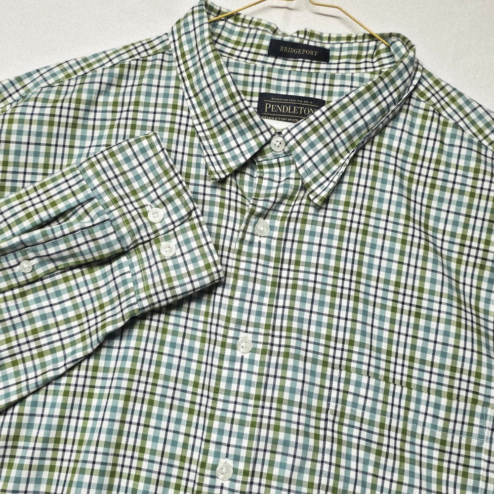 Pendleton Button Down Shirt Men's XXL Green Blue Plaid Cotton Bridgeport Long